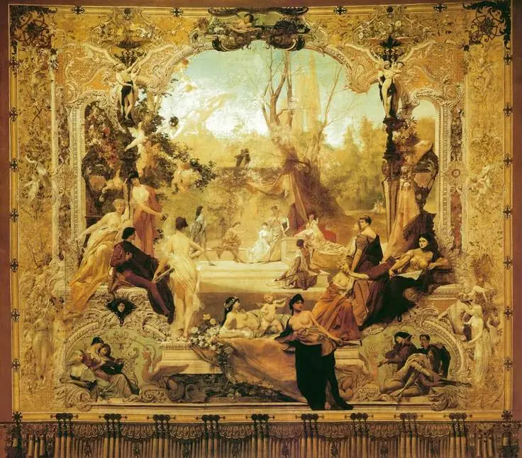 112_theater-curtain-in-the-karlovy-vary-city-theater-gustav-klimt-ernst-klimt-and-fr Gustav Klimt Theater Curtain in the Karlovy Vary City Theater Poster 1909 Wall Art Symbolist Painting - Image 1