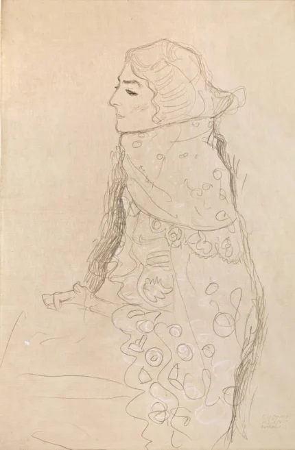 Gustav Klimt Seated Lady with Ornamented Cape in Profile from the Left Poster 1911 Wall Art Symbolist Painting