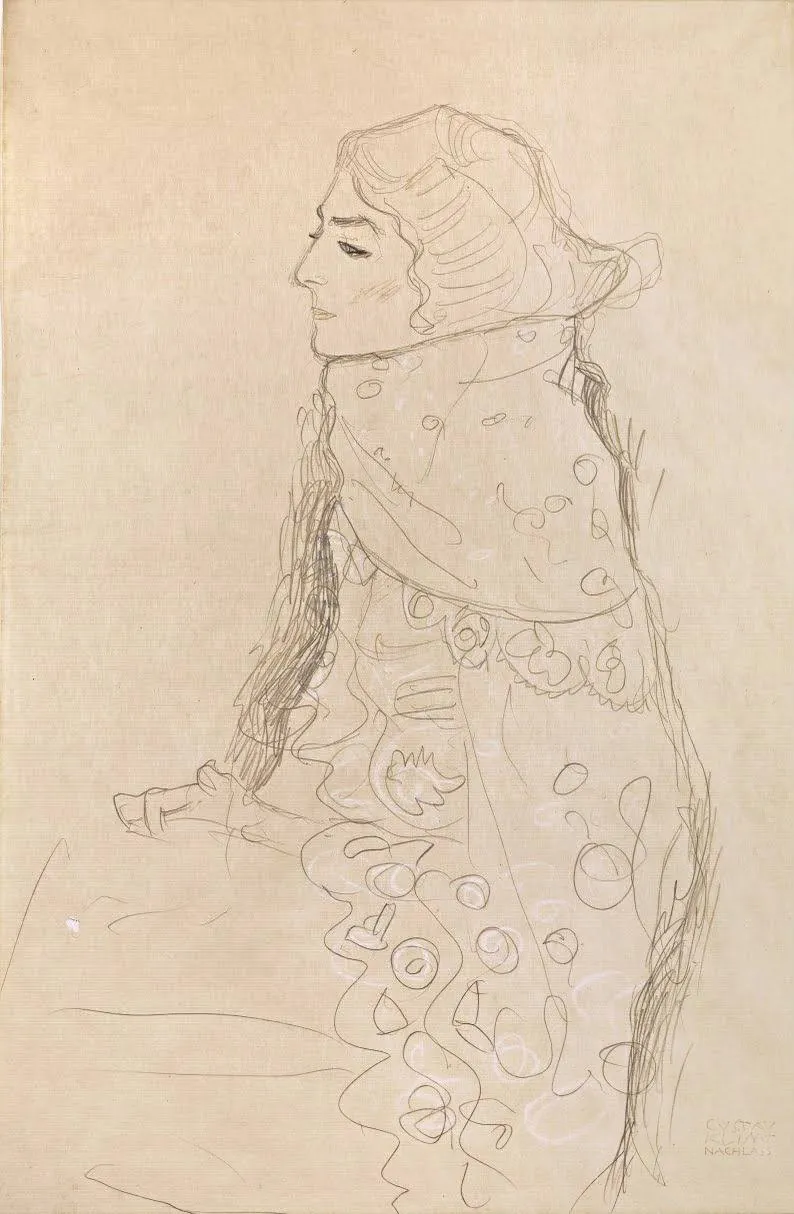 185_seated-lady-with-ornamented-cape-in-profile-from-the-left-gustav-klimt Gustav Klimt Seated Lady with Ornamented Cape in Profile from the Left Poster 1911 Wall Art Symbolist Painting - Image 1