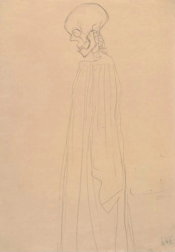 285_three-quarter-length-portrait-of-a-skeleton-dressed-in-long-gown-study-for-hope- Gustav Klimt Three Quarter Length Portrait of a Skeleton Dressed in Long Gown Study for Hope Poster 1913 Wall Art Golden Painting - Image 1