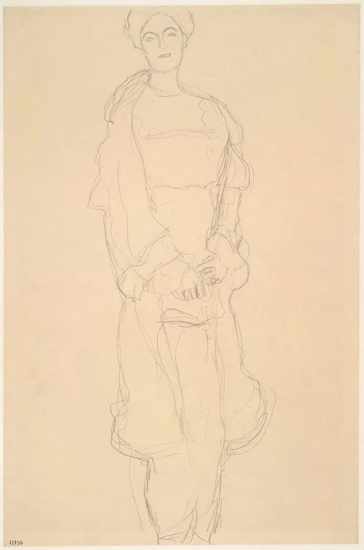 386_standing-woman-in-coat-study-for-the-portrait-paula-zuckerkandl-gustav-klimt Gustav Klimt Standing Woman in Coat Study for the Portrait Paula Zuckerkandl Poster 1908 Wall Art Symbolist Painting - Image 1