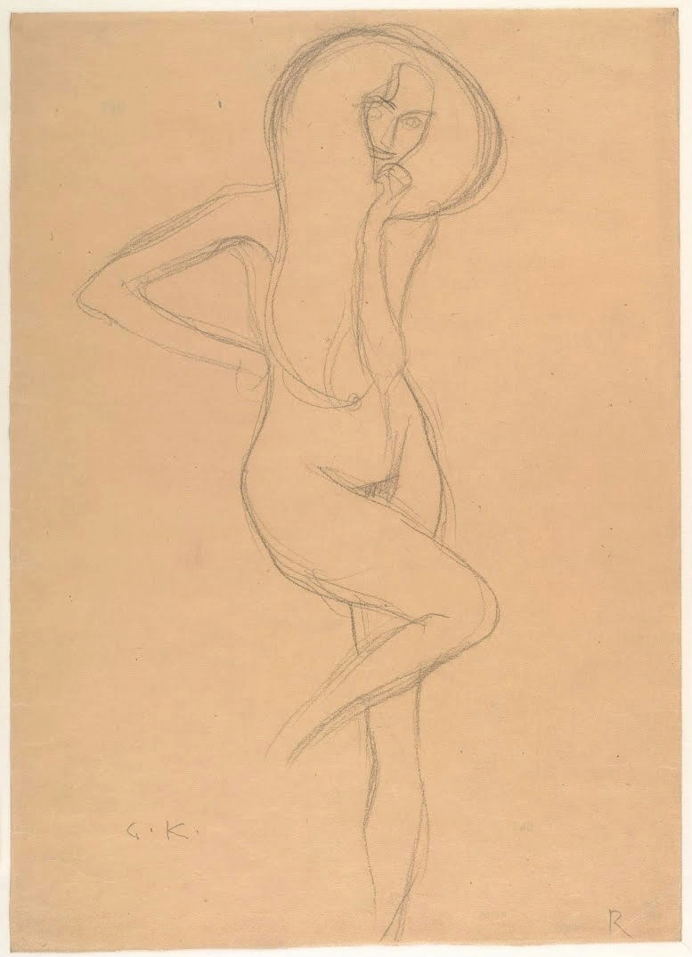 388_standing-female-nude-with-raised-right-leg-study-for-the-three-gorgons-of-the-be Gustav Klimt Standing Female Nude with Raised Right Leg Study for the Three Gorgons of the Be Poster 1908 Wall Art Symbolist Painting - Image 1