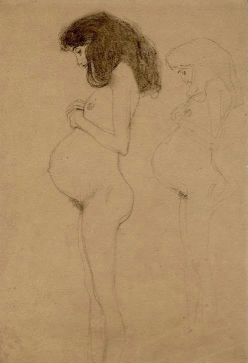 398_standing-pregnant-woman-in-profile-with-repetition-of-figure-studie-for-hope-i-g Gustav Klimt Standing Pregnant Woman in Profile with Repetition of Figure Studie for Hope I G Poster 1903 Wall Art Golden Painting - Image 1