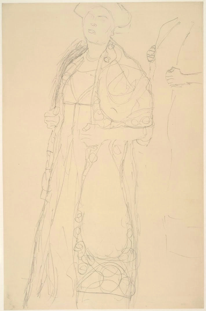 417_standing-woman-in-three-quarter-profile-study-for-the-portrait-eugenia-primavesi Gustav Klimt Standing Woman in Three Quarter Profile Study for the Portrait Eugenia Primavesi Poster 1904 Wall Art Symbolist Painting - Image 1