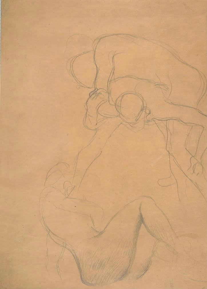 421_seated-nude-men-wrestling-study-for-medicine-gustav-klimt Gustav Klimt Seated Nude Men Wrestling Study for Medicine Poster 1907 Wall Art Symbolist Painting - Image 1