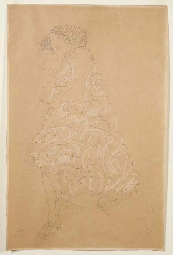 449_seated-figure-in-frilly-dress-turned-to-the-left-gustav-klimt Gustav Klimt Seated Figure in Frilly Dress Turned to the Left Poster 1908 Wall Art Symbolist Painting - Image 1