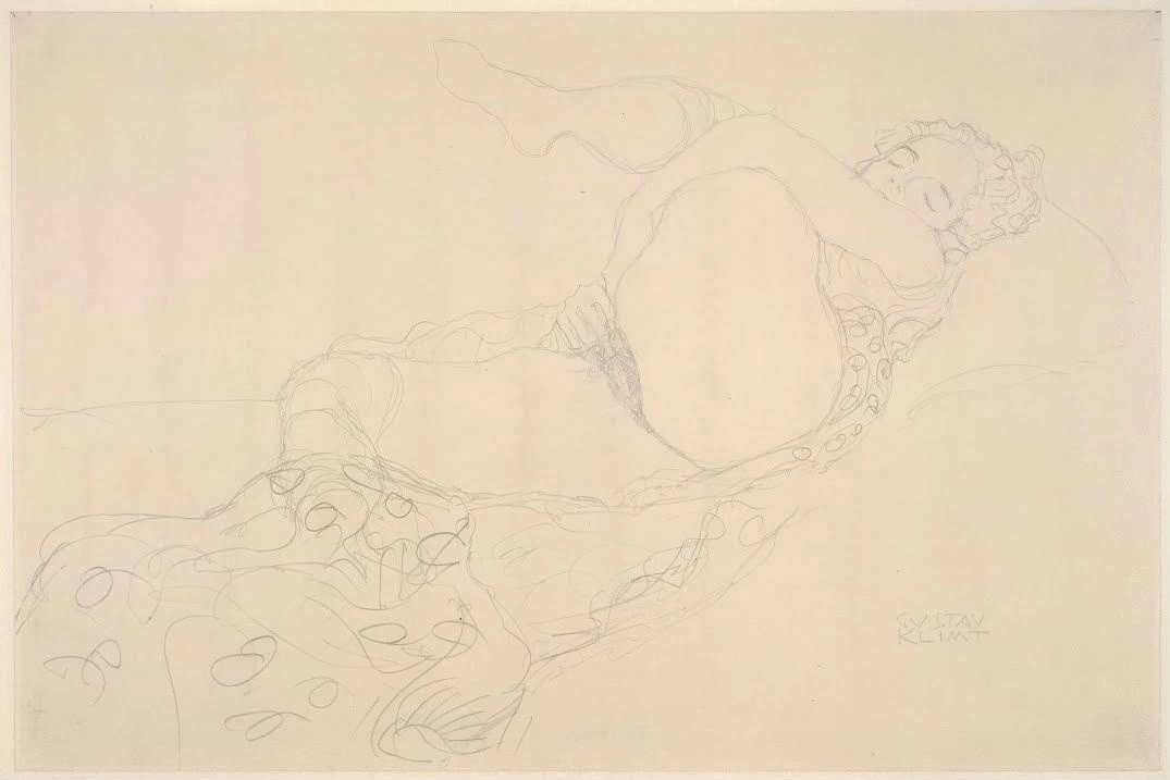 460_reclining-nude-with-leg-raised-gustav-klimt Gustav Klimt Reclining Nude with Leg Raised Poster 1914 Wall Art Symbolist Painting - Image 1