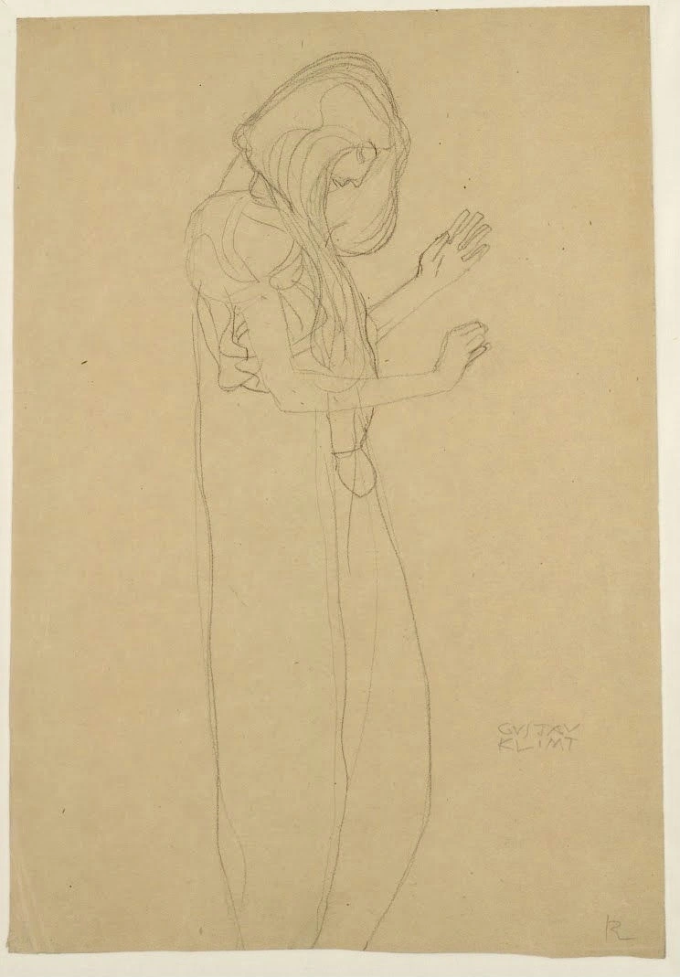 492_standing-clothed-woman-in-profile-study-for-poetry-of-the-beethoven-frieze-gusta Gustav Klimt Standing Clothed Woman in Profile Study for Poetry of the Beethoven Frieze Gusta Poster 1901 Wall Art Golden Painting - Image 1