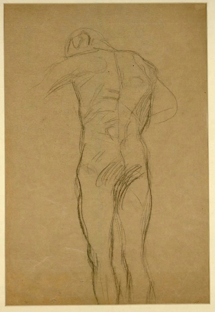 533_male-nude-with-outstretched-left-arm-seen-from-behind-study-for-the-oil-sketch-o Gustav Klimt Male Nude with Outstretched Left Arm Seen from Behind Study for the Oil Sketch O Poster 1898 Wall Art Symbolist Painting - Image 1