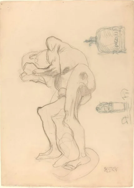 Gustav Klimt Study of a Nude Old Woman Clenching Her Fists and Two Decorative Objects Poster 1908 Wall Art Symbolist Painting