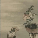 Katsushika Hokusai A Seated Man Looking at Potted Peonies Poster 1849 Wall Art Painting