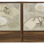 Katsushika Hokusai Four Fan Paintings Mounted on a Screen Frog on Lotus Leaf Scholar in a House Landscap Poster 1830 Wall Art Painting