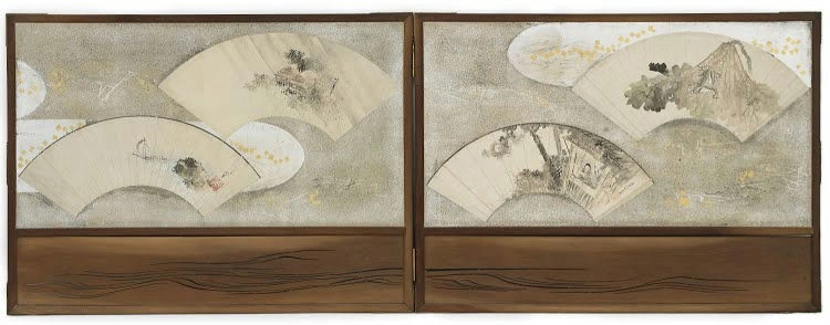 Artist_ Katsushika Hokusai Four fan paintings mounted on a screen; _Frog on Lotus Leaf_, _Scholar in a House_, _Landscap Katsushika Hokusai Four Fan Paintings Mounted on a Screen Frog on Lotus Leaf Scholar in a House Landscap Poster 1830 Wall Art Painting - Image 1