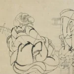 Katsushika Hokusai Two Sketches Lady Playing Samisen and Lady Looking Between Open Shoji Poster 1849 Wall Art Painting