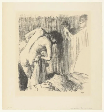 Edgar Degas Vrouw Droogt Zich Af Na Haar Bad en Krijgt Kleding Aangereikt van Vrouw 1891 Poster PrintOvly