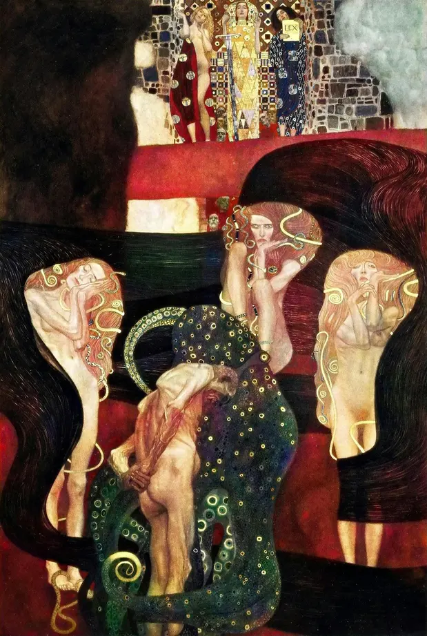 Gustav Klimt - Jurisprudence (Recolored with Artificial Intelligence) Poster 1905 Gustav Klimt Jurisprudence (Recolored with Artificial Intelligence) 1905 Poster PrintOvly