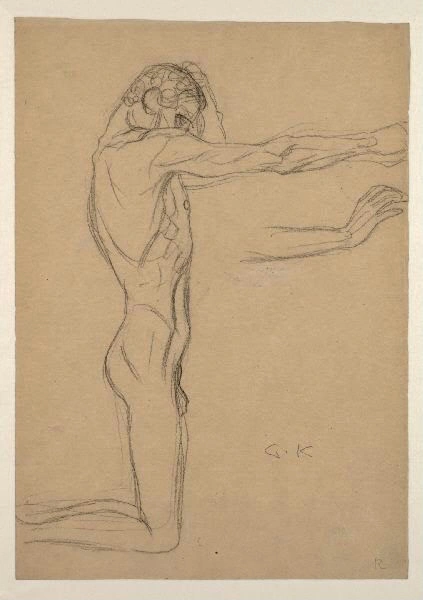Gustav Klimt Kneeling Male Nude with Outstreched Arms (Study for the Sufferings of Weak Humanity of the Beethoven Fri 1905 Poster PrintOvly