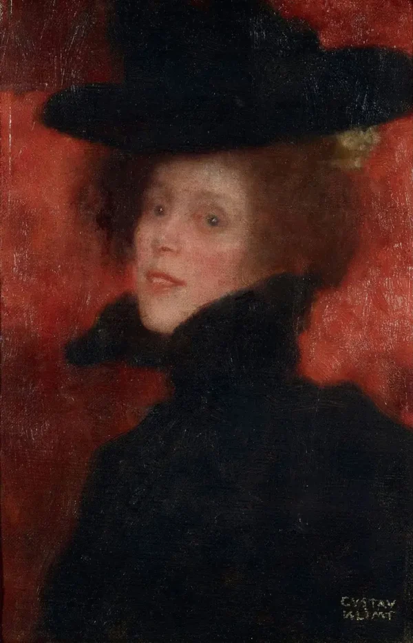 Gustav Klimt Lady with Cape and Hat in Front of Red Background 1905 Poster PrintOvly