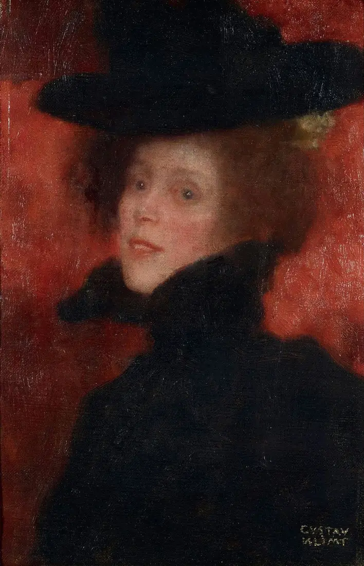 Gustav Klimt - Lady with Cape and Hat in Front of Red Background Poster 1905 Gustav Klimt Lady with Cape and Hat in Front of Red Background 1905 Poster PrintOvly
