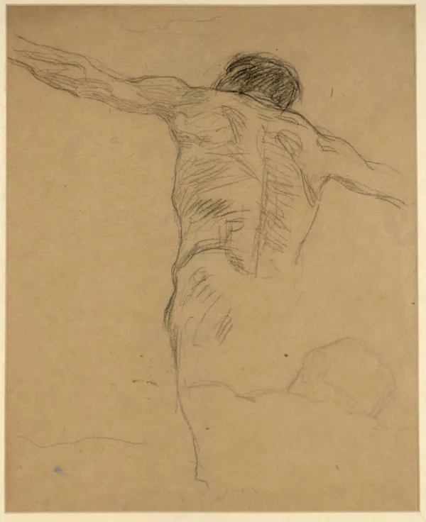 Gustav Klimt Male Nude with Arms Spread Seem From Behind Repetition of Head and Shoulder Area (Study for the Oil Sketc 1905 Poster PrintOvly