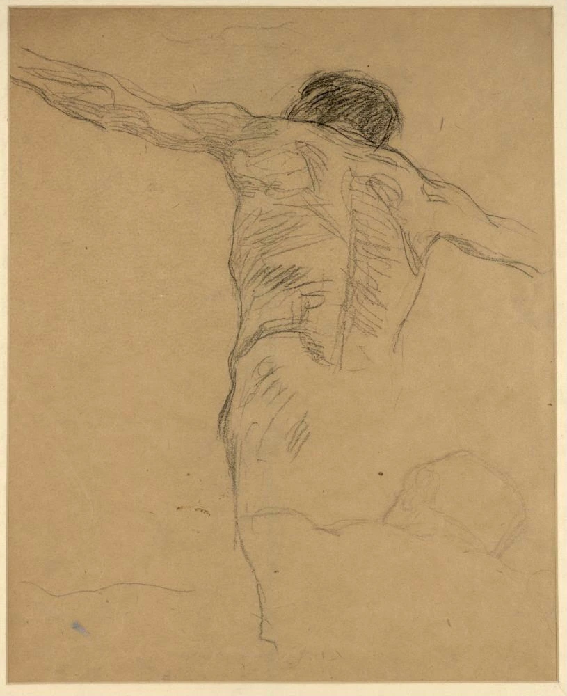 Gustav Klimt - Male Nude with Arms Spread Seem From Behind Repetition of Head and Shoulder Area (Study for the Oil Sketc Poster 1905 Gustav Klimt Male Nude with Arms Spread Seem From Behind Repetition of Head and Shoulder Area (Study for the Oil Sketc 1905 Poster PrintOvly
