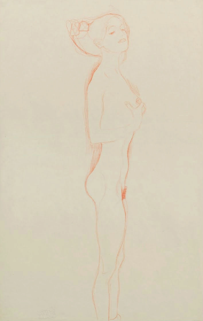 Gustav Klimt - Naked Girl Standing with Right Hand to Breast Poster 1905 Gustav Klimt Naked Girl Standing with Right Hand to Breast 1905 Poster PrintOvly