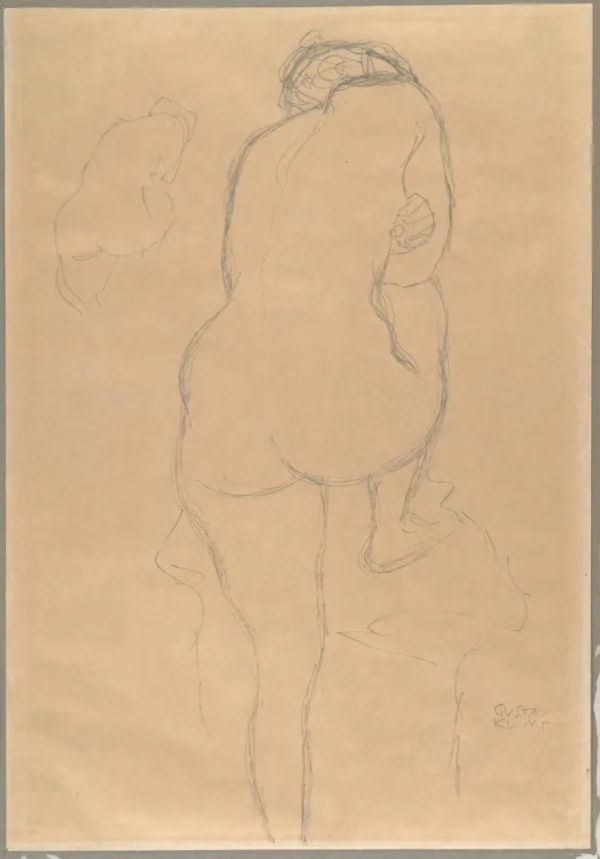 Gustav Klimt Nude with One Leg Propped Up Seen From Behind with Repetition on Left (Study for the Virgin) 1905 Poster PrintOvly