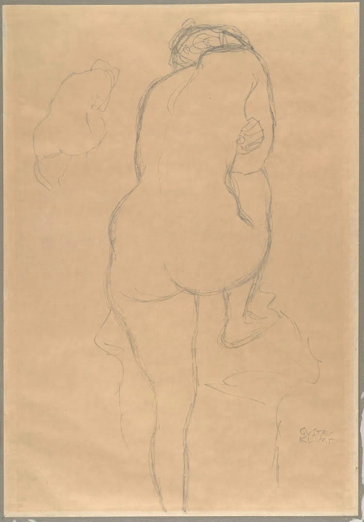 Gustav Klimt - Nude with One Leg Propped Up Seen From Behind with Repetition on Left (Study for the Virgin) Poster 1905 Gustav Klimt Nude with One Leg Propped Up Seen From Behind with Repetition on Left (Study for the Virgin) 1905 Poster PrintOvly