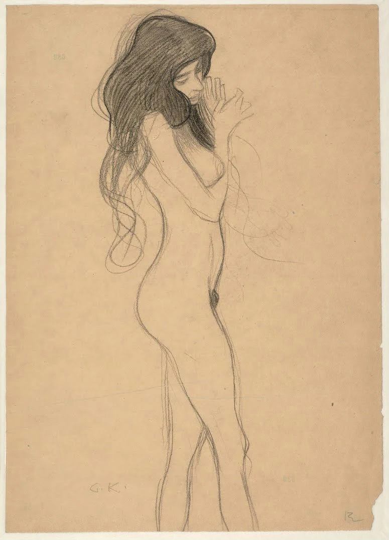 Gustav Klimt - Standing Female Nude (Study for the Three Gorgons of the Beethoven Frieze) Poster 1905 Gustav Klimt Standing Female Nude (Study for the Three Gorgons of the Beethoven Frieze) 1905 Poster PrintOvly