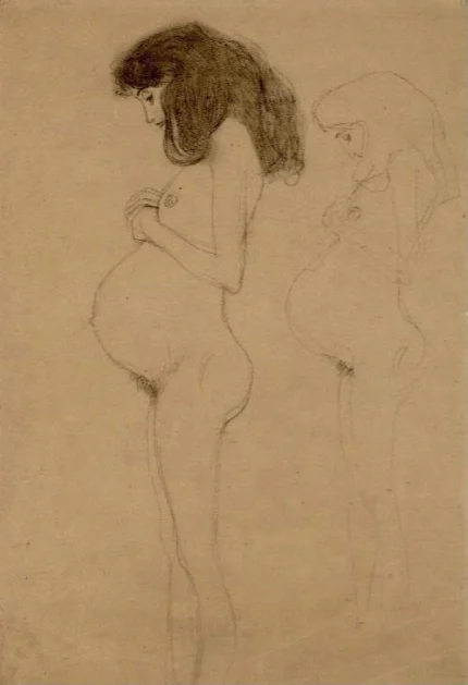 Gustav Klimt Standing Pregnant Woman in Profile with Repetition of Figure (Studie for Hope I) C 1905 Poster PrintOvly