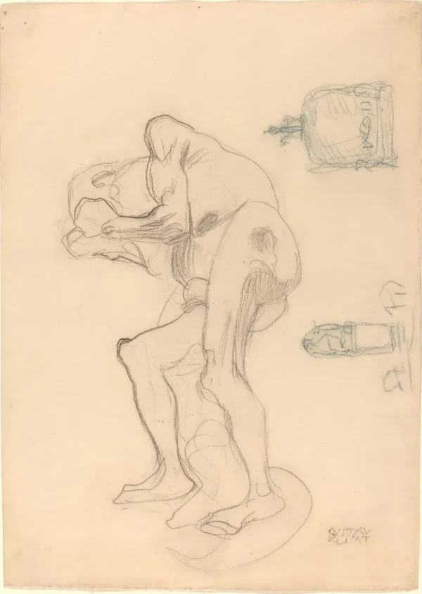 Gustav Klimt Study of a Nude Old Woman Clenching Her Fists and Two Decorative Objects C 1905 Poster PrintOvly