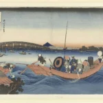 Katsushika Hokusai Katsushika Kijkend Naar de Zonsondergang bij de Ryogoku Brug Vanaf de Onmaya Oever Poster 1831–1835 Wall Art Painting
