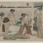 Katsushika Hokusai Tsukasa and Other Courtesans of the Ogiya Watching the Autumn Moon Rise Over Ri Poster 1849 Wall Art Painting
