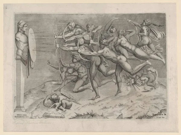 Michelangelo Archers Shooting at a Herm (Engraving) 1512 Poster PrintOvly