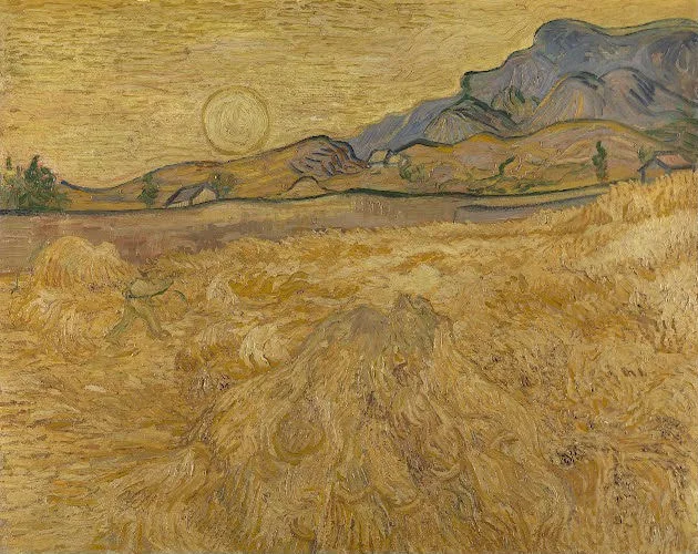 Vincent van Gogh Wheat field with reaper and sun 1889 06_1889 09 Vincent van Gogh Wheat Field with Reaper and Sun Poster 1889 Wall Art Painting - Image 1